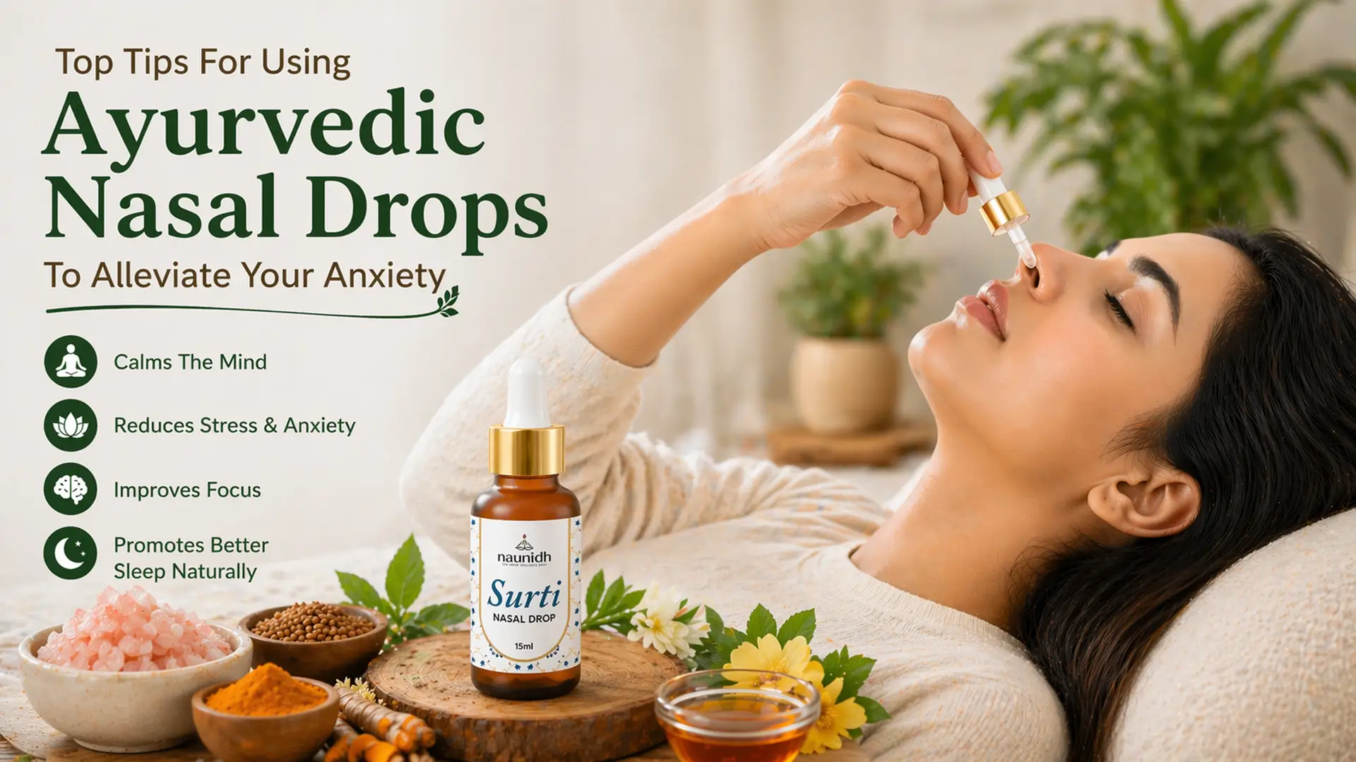 Woman applying nasal drops in nose for mental clarity